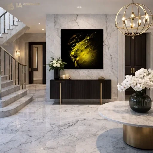 Gouttelettes d'or - Tirage sur toile Gouttelettes d'or mis en situation dans un intérieur luxueux et contemporain